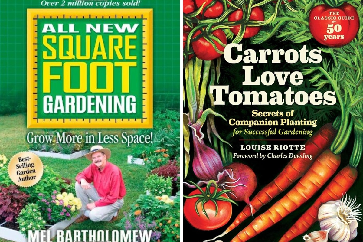 On the left, a copy of All New Square Foot Gardening, and on the right is a copy of Carrots Love Tomatoes.