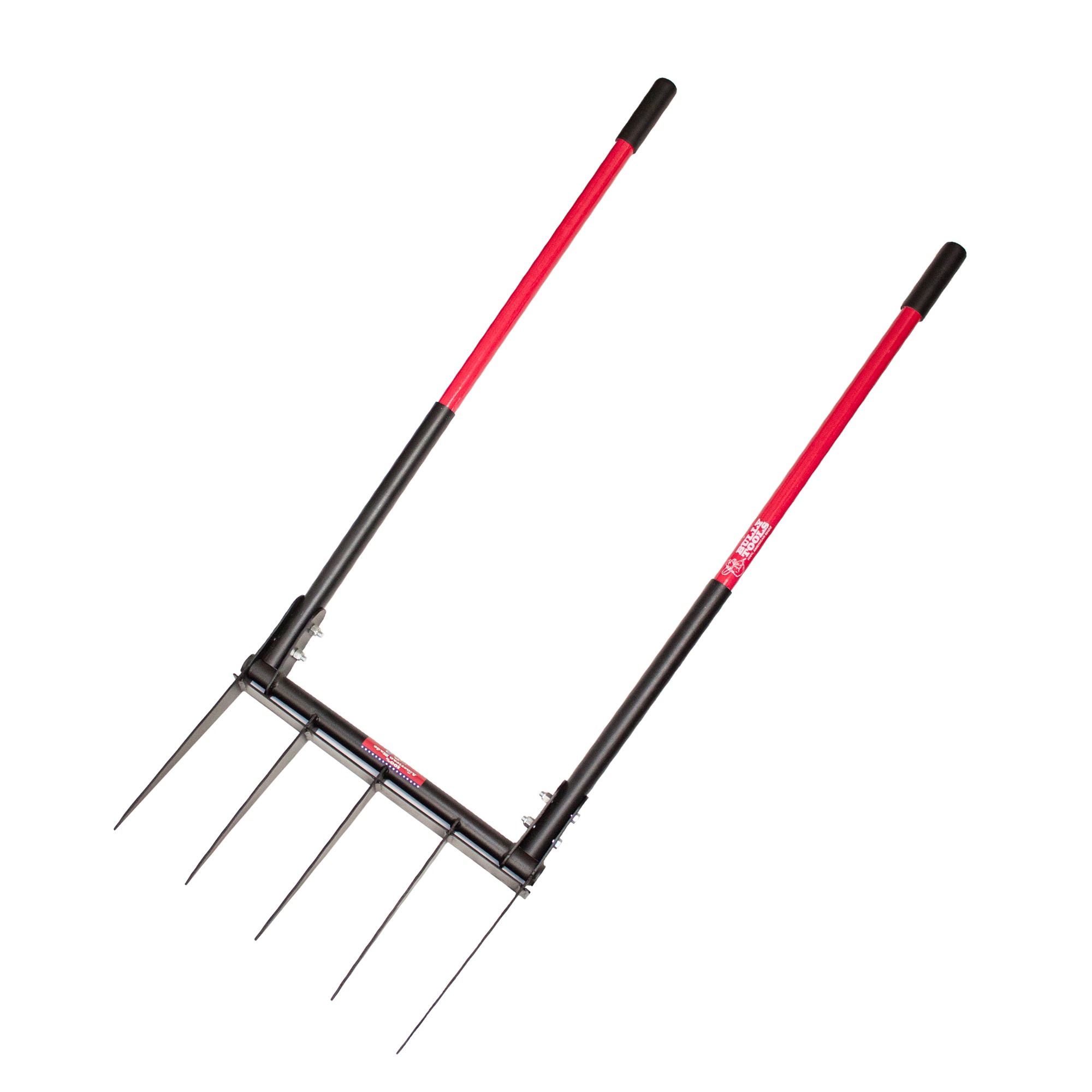 A broadfork against a white background.