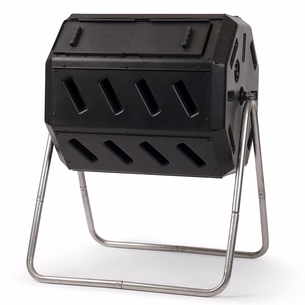 A rolling black composter on a white background.