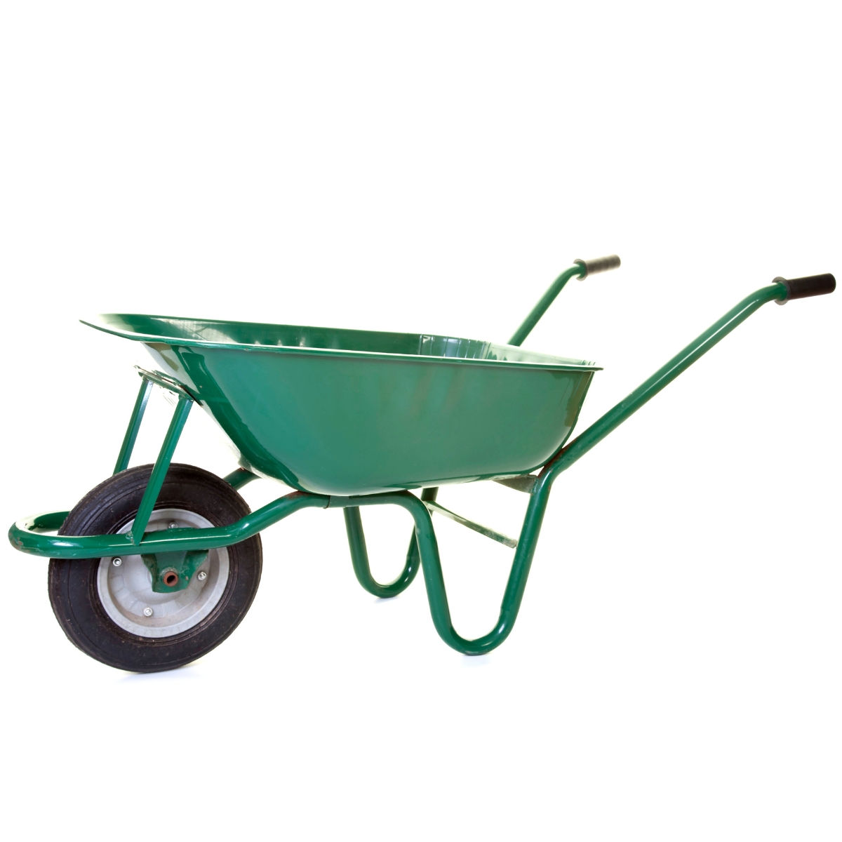 A green wheelbarrow against a white background.